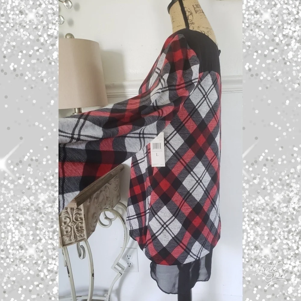 Plaid sheer top large holiday Christmas - Picture 5 of 7